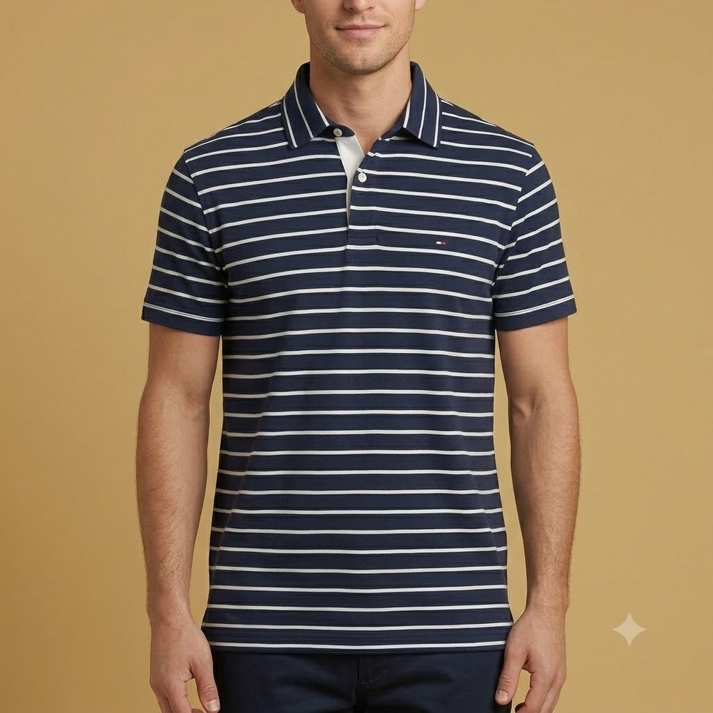 Tommy Hilfiger Polo Shirt Mens Medium Navy Blue White Striped Cotton Classic